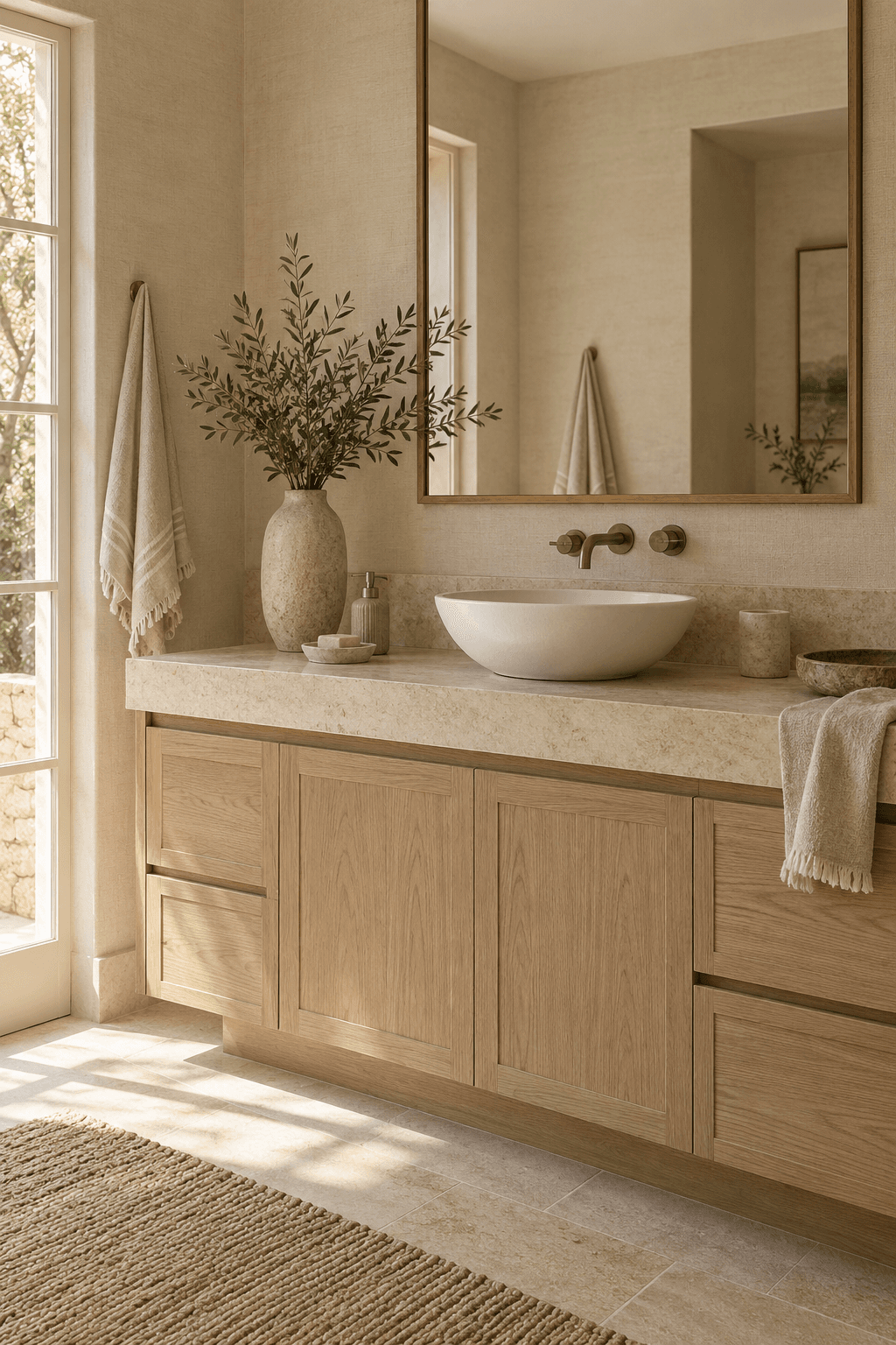 Inviting bathroom with warm cabinetry and a quiet material palette