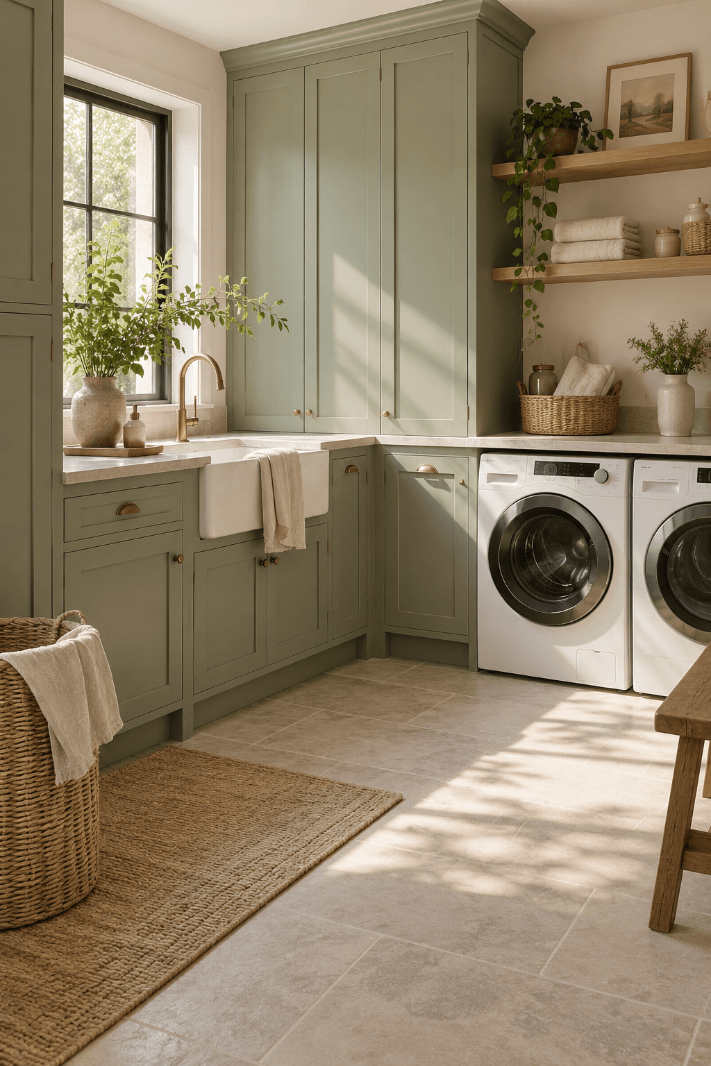 Warm laundry cabinetry with a practical work surface
