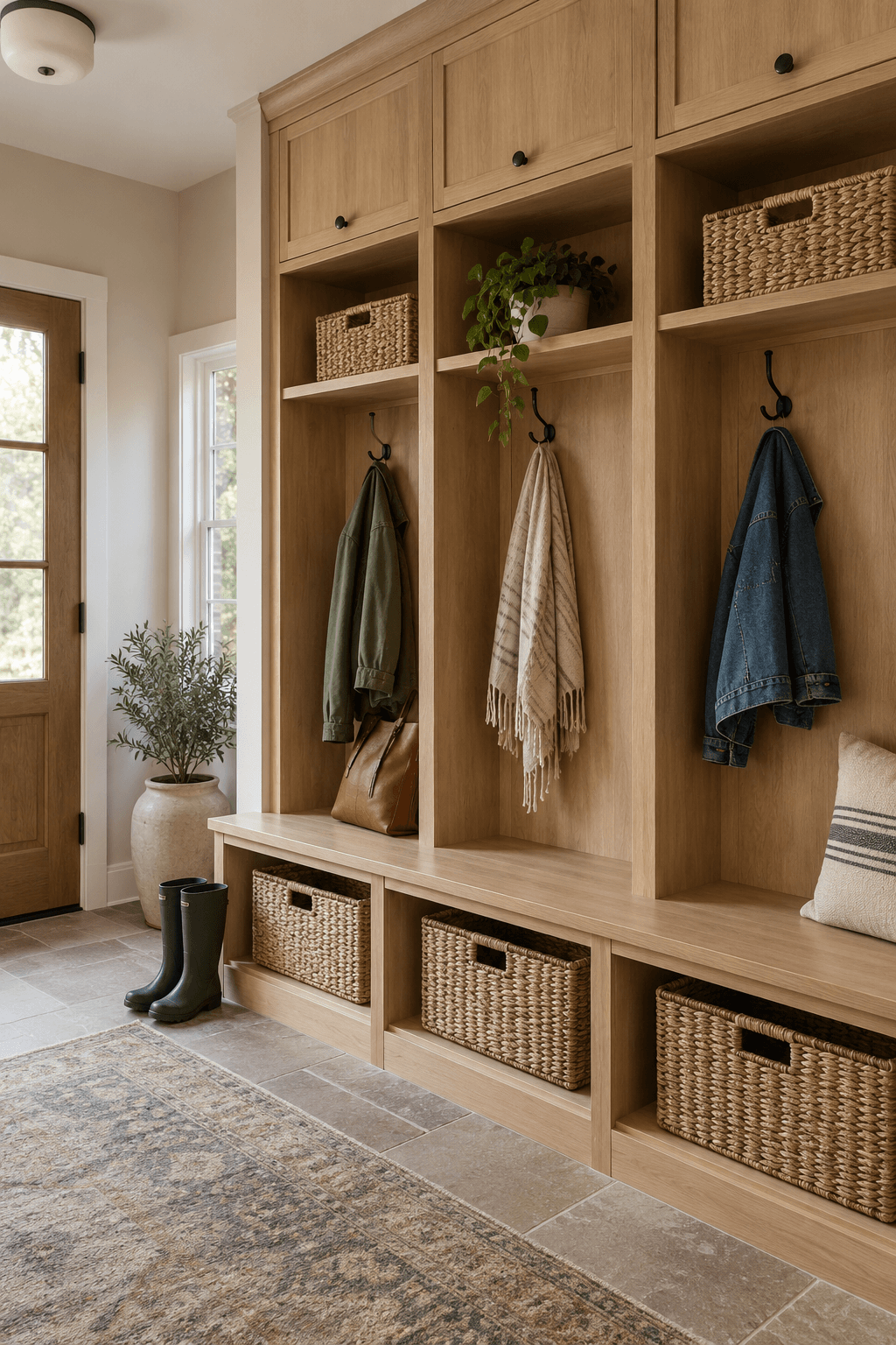 Cabinet storage and bench at a welcoming entry
